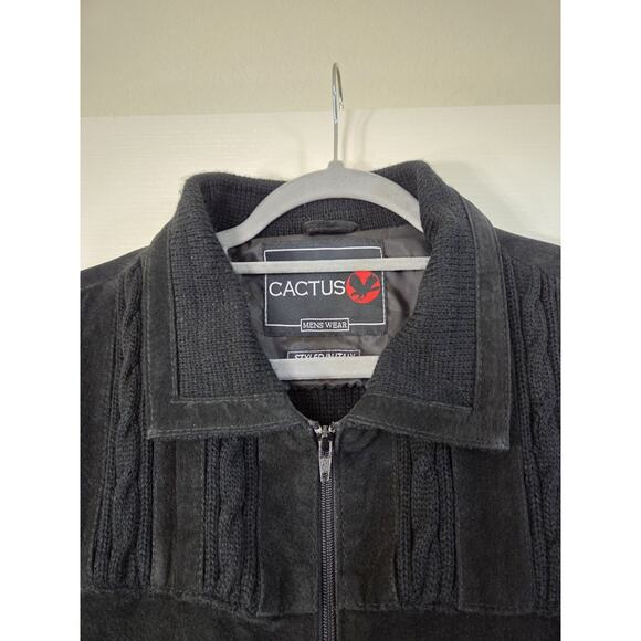 Vintage Cactus Black Leather Front Zip Knit Sweater Bomber Jacket, Men's Medium - Picture 4 of 13